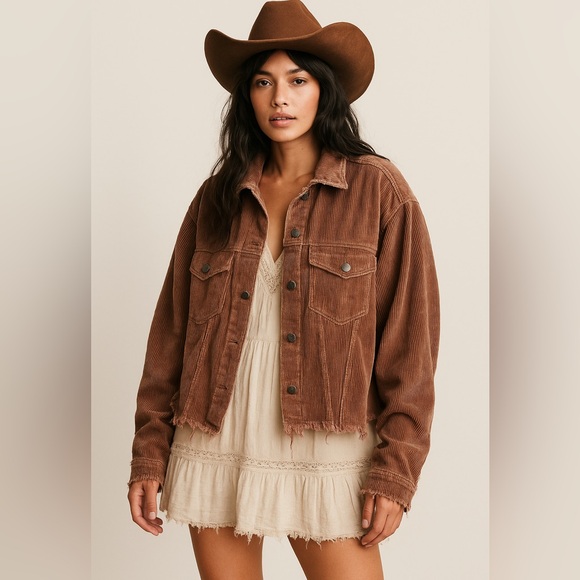 POL Jackets & Blazers - POL Corduroy Button Up Jacket Brown Raw Hem Western Fall Boho Style Women’s M